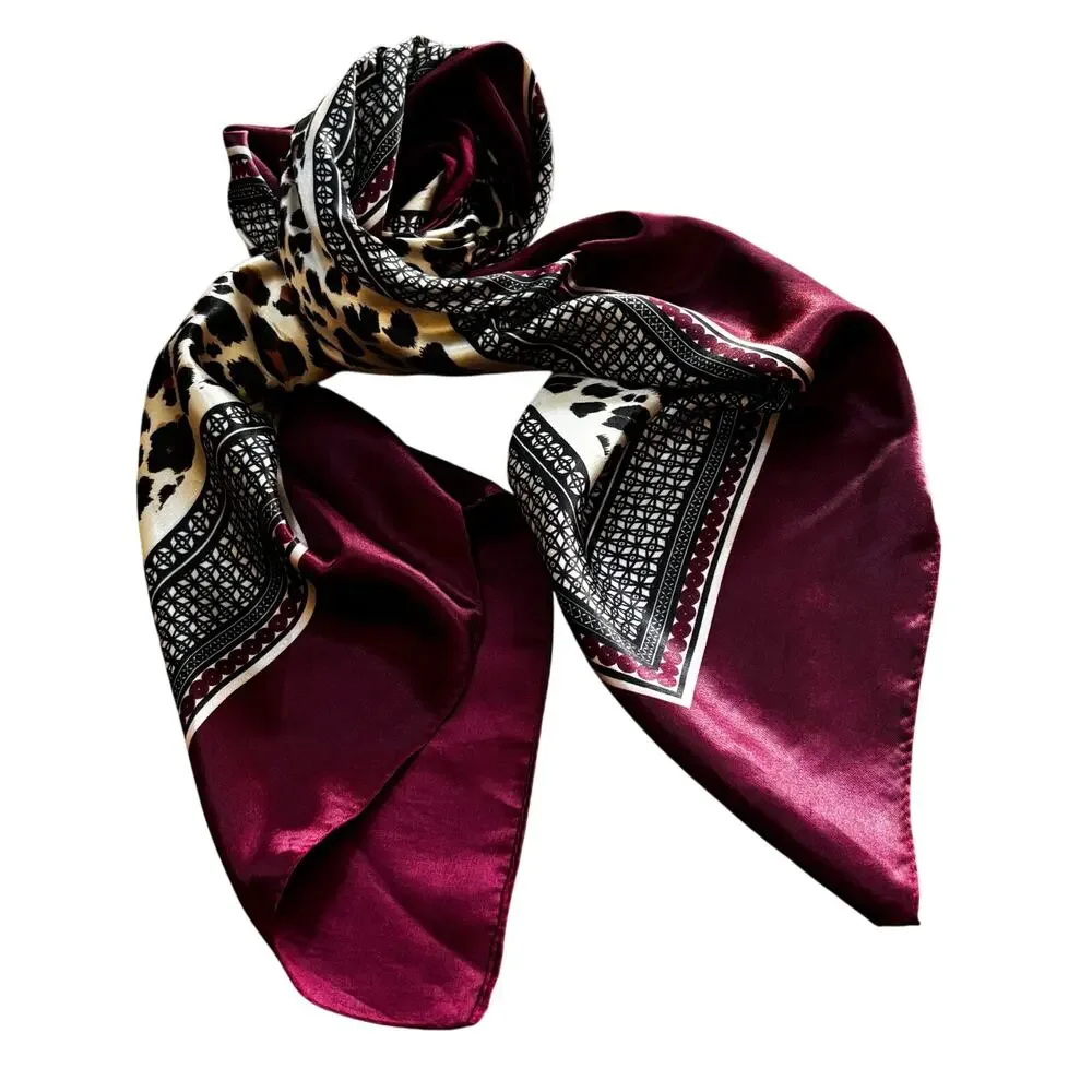 Silky feel scarf large square satin finish burgundy red & animal print center
